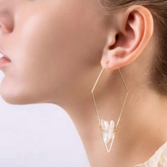 New FP Golden Wire Threader Geode Stone Geometric Hoop Earrings - Picture 14 of 16